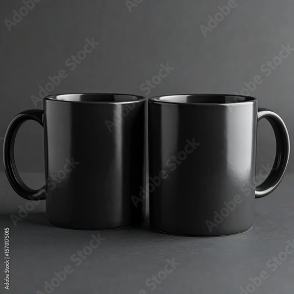 Fototapeta Two black mugs on a dark background, ready for branding