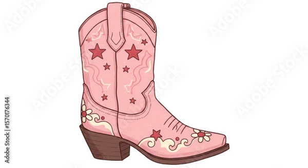 Obraz Pink Western Boot with Star and Floral Design on White