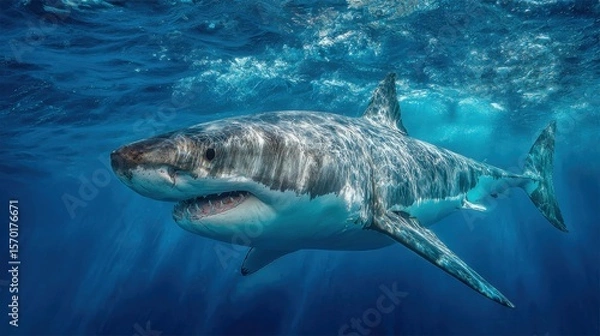 Fototapeta A magnificent great white shark glides effortlessly through clear blue waters, displaying its sleek body and sharp teeth. Sunlight filters through the surface, creating an enchanting atmosphere.