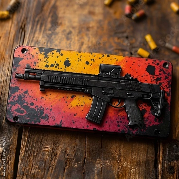 Fototapeta A striking artistic depiction of a black submachine gun on a vibrant splattered background. Ideal for gaming or weapon-themed designs.