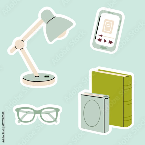 Fototapeta Set of reading-related objects: lamp, books, glasses, e-reader. Vector illustration for library, education, or bookworm projects.