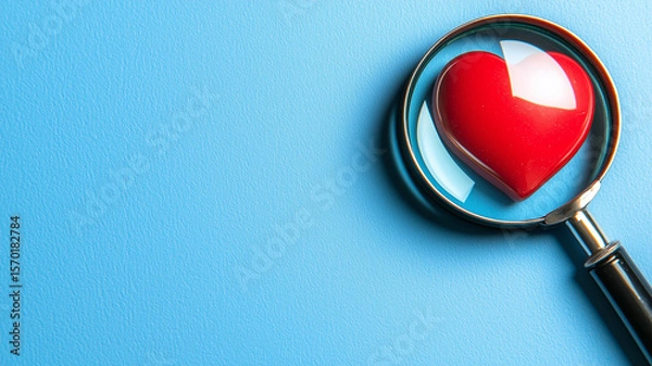 Obraz Heart Care and Emotional Focus Depicted by a Magnifying Glass Highlighting a Vibrant Red Heart.
