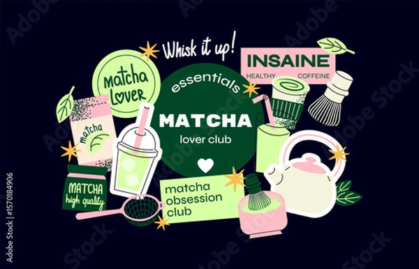 Fototapeta Matcha Lover Sticker Set. Retro-inspired illustrations of matcha tea, tools, and ingredients. Perfect for healthy lifestyle, tea enthusiasts, and wellness designs. Funky, colorful vector set for brand