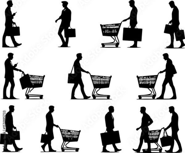 Fototapeta vector illustration sketch silhouette of people shopping in a supermarket using shopping bags and push trolleys 