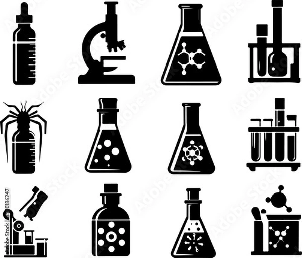 Fototapeta Vector sketch illustration collection of transparent glass bottle designs of laboratory test results, experiments and research 