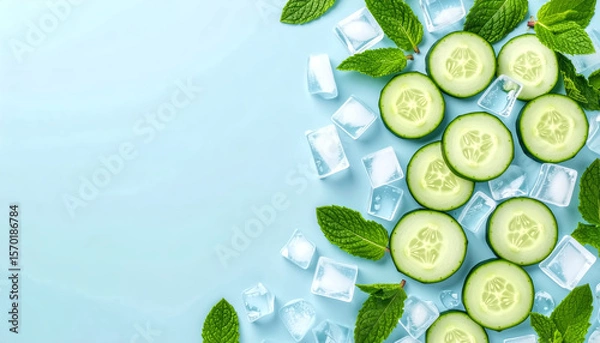 Fototapeta Flat lay of cucumbers, mint leaves, and ice cubes on pastel background, spa or detox concept
