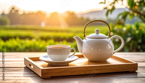 Fototapeta Minimalist green tea setup with a white porcelain teacup and teapot on wooden tray