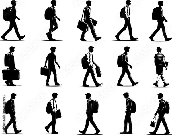 Fototapeta collection of vector silhouette sketches illustration images of employees, workers, students, college students wearing shirts and jackets walking to campus and school