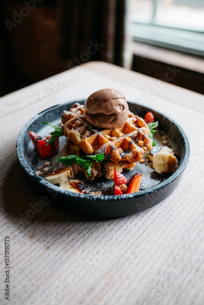 Fototapeta A dessert with a waffle and ice cream on top