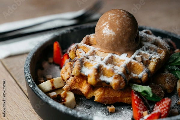 Fototapeta A dessert with a waffle and ice cream on top