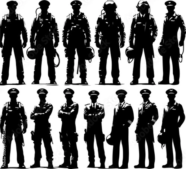Obraz collection of vector sketch design illustrations of silhouettes of fighter and commercial aircraft pilots in the air.