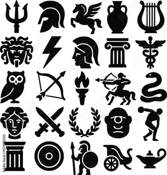 Fototapeta Ancient Mythology Icons. Bold Black Silhouettes of Greek and Roman Symbols, Gods, Goddess, Heroes and Legendary Objects in Solid Vector Style Editable Icon Set Collection.