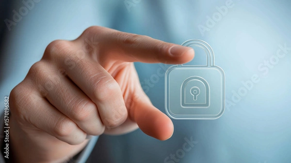 Fototapeta An advanced data security interface concept featuring a hand interacting with a translucent padlock hologram, reflecting robust cybersecurity and privacy protection.
