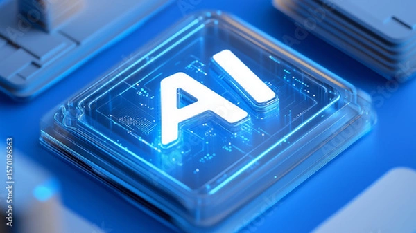 Fototapeta A next generation AI microchip concept shown as a translucent processor with glowing circuitry and bold white typography.
