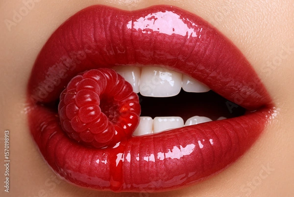 Obraz Glossy red lips holding a raspberry
