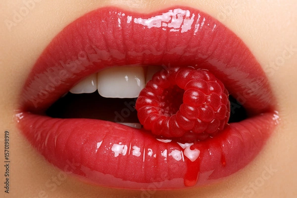 Obraz Glossy red lips holding a raspberry