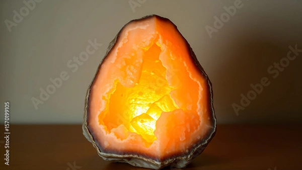 Obraz Natural salt lamp with rough edges. Soft orange glow from within, visible crystal formations. Long exposure to capture warm light.