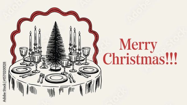 Fototapeta Modern horizontal poster placard with ink minimal line food and drinks. Christmas dinner table chalk crayon drawing set. Vector illustrations for new year celebration wall decor or new year invitation