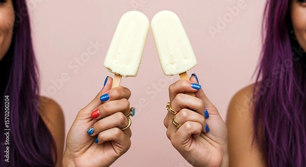 Fototapeta Two hands holding vanilla popsicles with colorful nail polish