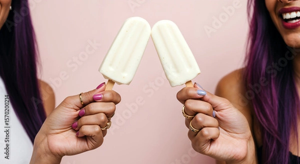 Fototapeta Two hands holding vanilla popsicles with colorful nail polish