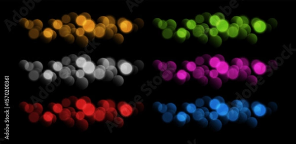 Fototapeta Colorful bokeh set, blurred background with sparkling lights, blurry texture effect isolated on black background. Bright soft abstract background. Vector illustration.