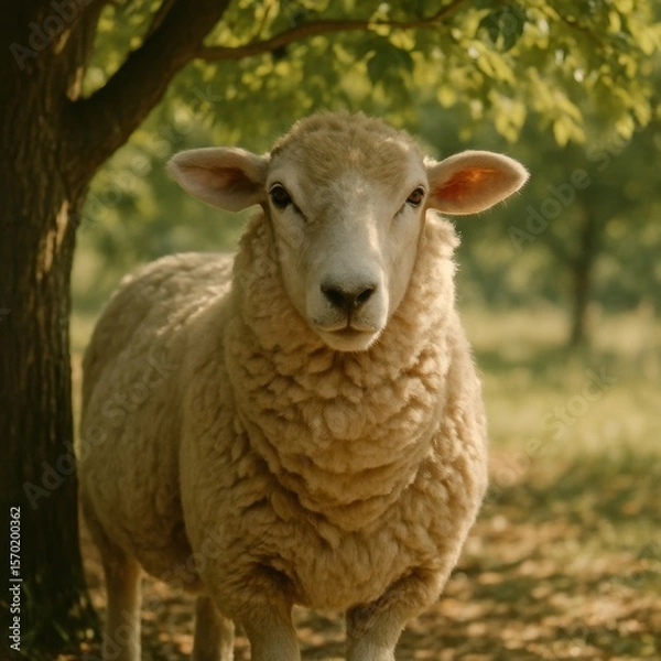 Fototapeta Majestic sheep in sunlit pasture beneath tree canopy
