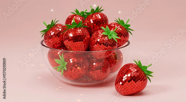 Fototapeta Glass bowl filled with disco ball strawberries on pastel background