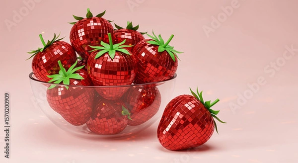 Fototapeta Glass bowl filled with disco ball strawberries on pastel background
