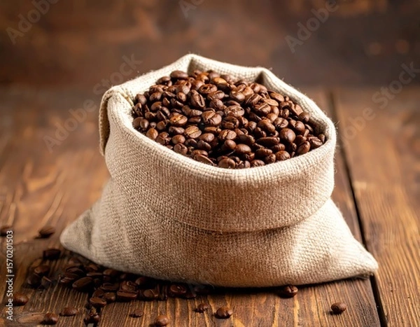 Fototapeta Roasted Coffee Beans in Rustic Burlap Sack