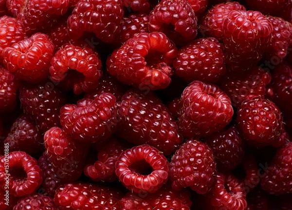 Fototapeta Ripe juicy red raspberries, sweet raspberry background. Berries close-up. Healthy food