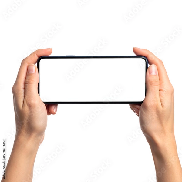 Fototapeta Hands holding a smartphone with a blank screen. The device is presented horizontally