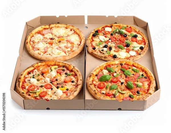 Fototapeta Assorted Pizzas in a Takeaway Cardboard Box