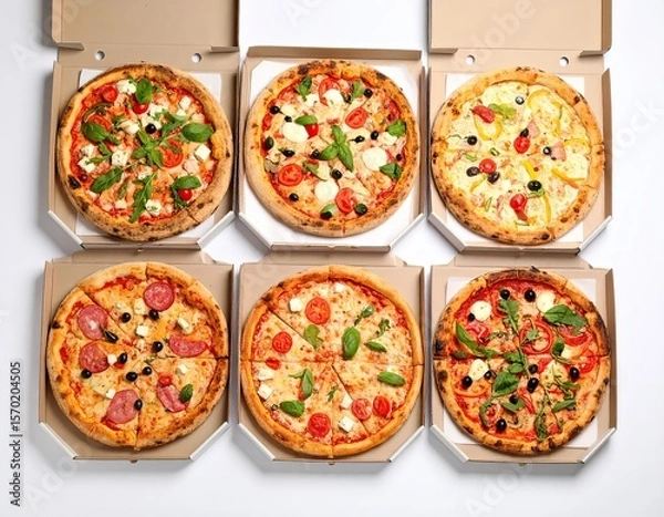 Fototapeta Assortment of Delicious Italian Pizzas in Takeout Boxes