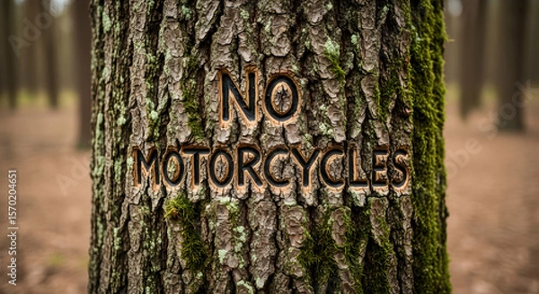 Fototapeta Engraved Message On Tree Saying No Motorcycles In Nature Preservation Area