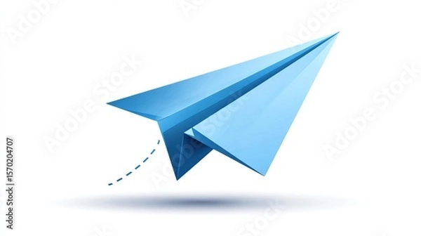 Fototapeta Glossy blue paper airplane with dotted line, against white background, light shadow