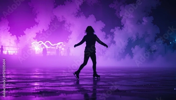 Fototapeta Silhouette of a person ice skating in a vibrant purple night scene.