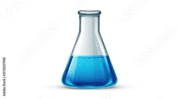 Fototapeta Clear glass conical flask, filled with a vibrant blue liquid,  isolated on a white background.  Realistic 3D rendering