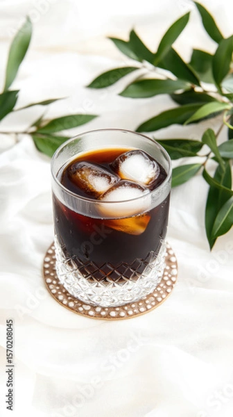 Fototapeta A glass of dark beverage with ice sits on a coaster beside green leaves. Refreshing drink concept