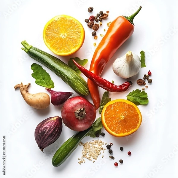 Fototapeta Temperos diversos, Frutas, verduras, temperos frescos. Isolados em fundo branco.

