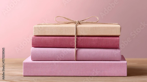 Fototapeta Four gift boxes in shades of pink and beige are stacked on a wooden surface, tied with a simple twine bow. Gift giving, pastel colors, minimalism