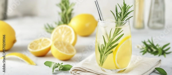 Fototapeta A glass of lemonade with rosemary and lemon slices sits on a cloth, surrounded by whole and halved lemons. Refreshing lemon beverage concept