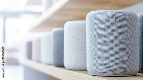 Fototapeta Smart speakers are lined up on a wooden shelf. Modern technology, home automation, audio devices