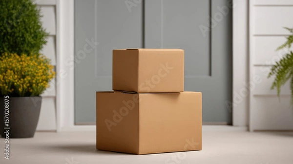 Fototapeta Two cardboard boxes are stacked in front of a front door, outdoors. Package delivery concept