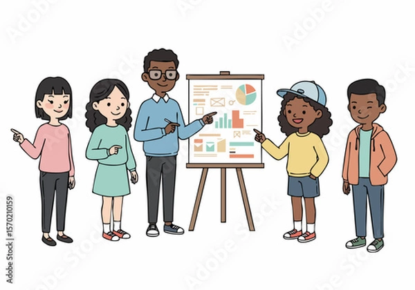 Fototapeta Diverse teacher and students point at a whiteboard presentation with charts and diagrams, illustrating education, learning, and teamwork in a classroom setting.
