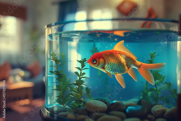 Fototapeta Fish in a Fishbowl glowing alone in vibrant domestic setting, confined to small space under artificial warm light