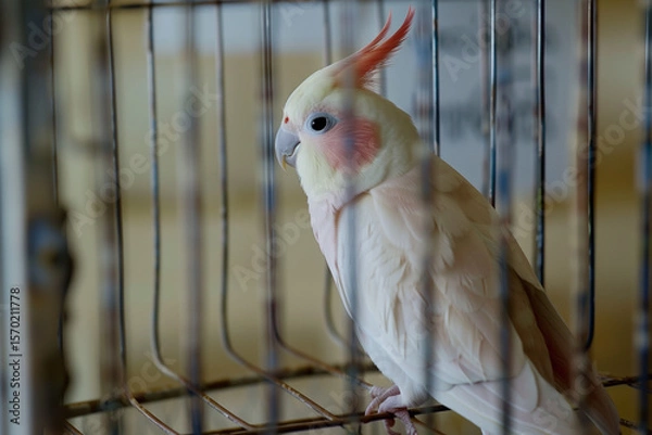 Fototapeta Caged Bird trapped behind bars with pale feathers and red crest in harsh artificial indoor lighting