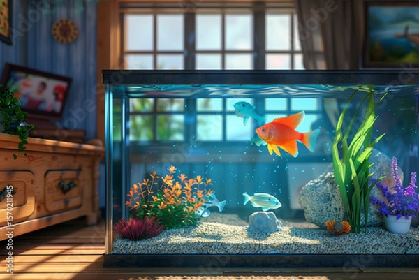 Fototapeta Fish in a Fishbowl floating with companions in cozy tank surrounded by plants and bright filtered daylight indoors