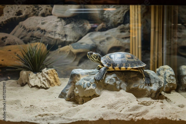 Fototapeta Turtle in Aquarium perched on faux stone in dry enclosure, unable to roam beyond artificial sandy boundaries