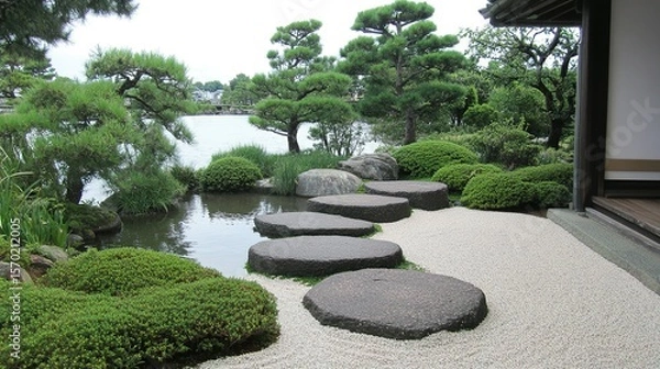 Fototapeta Stones and plants create a tranquil garden scene.