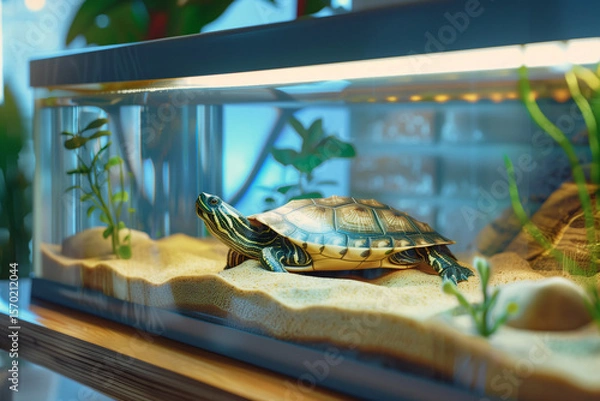 Fototapeta Turtle in Aquarium resting still beneath bright lights and surrounded by leaves, quietly contained in artificial setting
